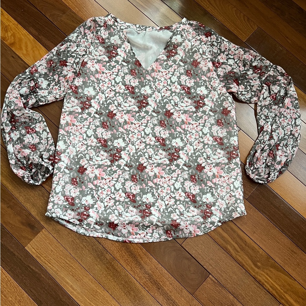 Floral V-Neck Blouse - Pink and Gray